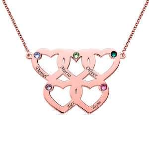 Engraved Five Hearts Necklace With Birthstones In Rose Gold