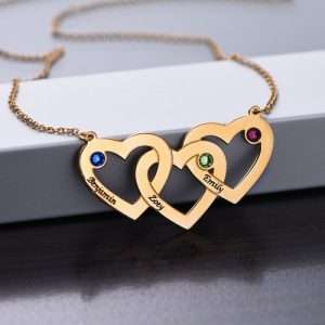 Intertwined Hearts Necklace with Birthstones - Gold Plated