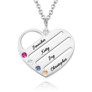 Birthstone Heart Necklace with Engraved Names