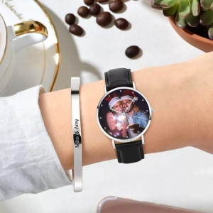 Womens Photo Watch Black Leather Strap