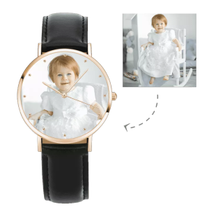 Womens Rose Goldtone Photo Watch Black Leather Strap